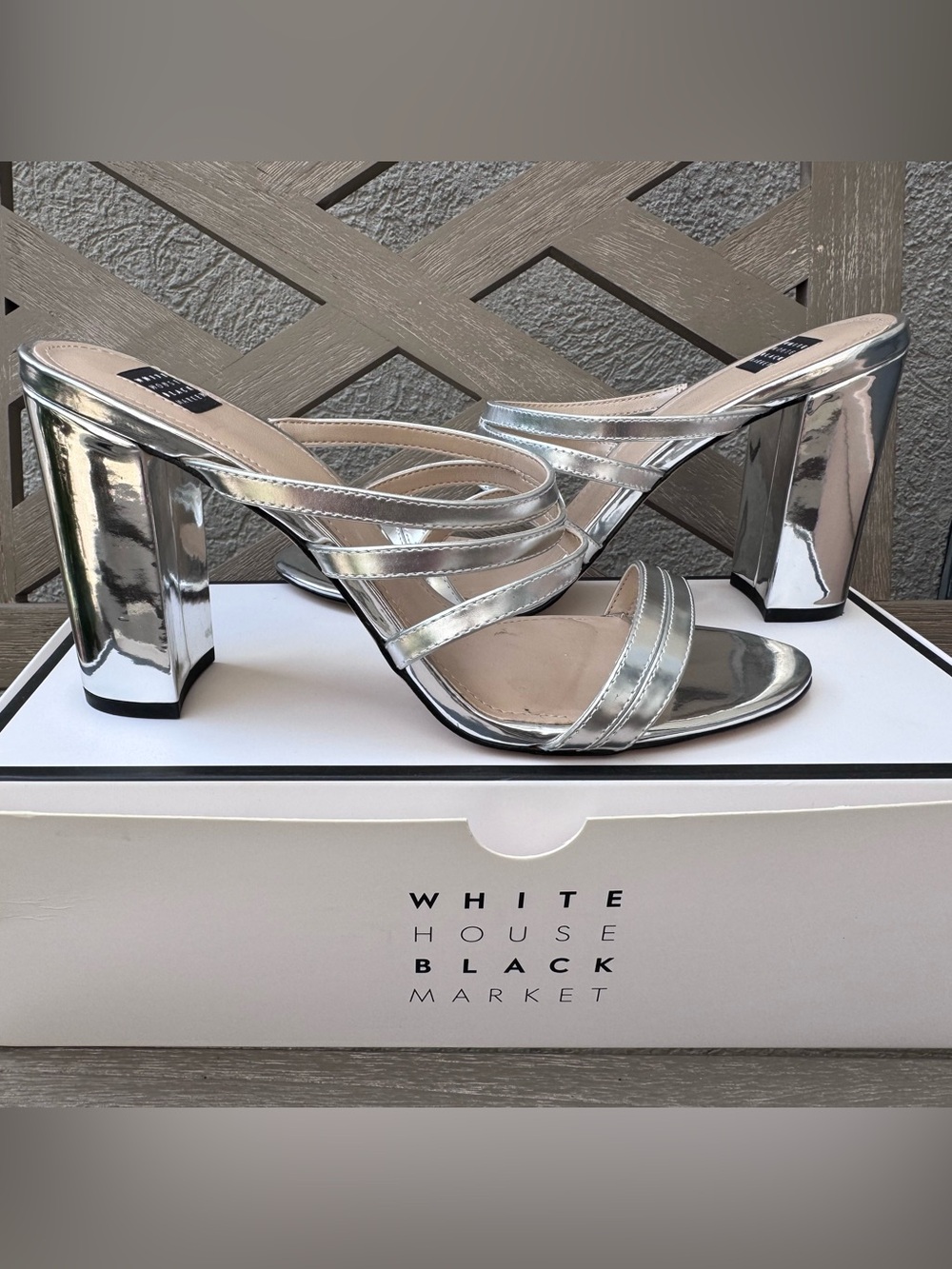 White House Black Market Silver Metallic Strappy Block Heel Mules